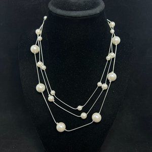Triple Strand Silver Tone S Link Chain W/3 Sizes Of Faux Pearls Necklace (4277)